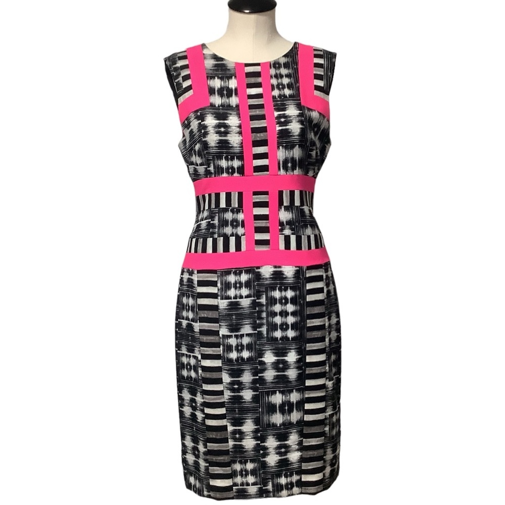 BCBGMAXAZRIA Black White & Hot Pink Elouise Sleeveless Sheath Dress - Size 8